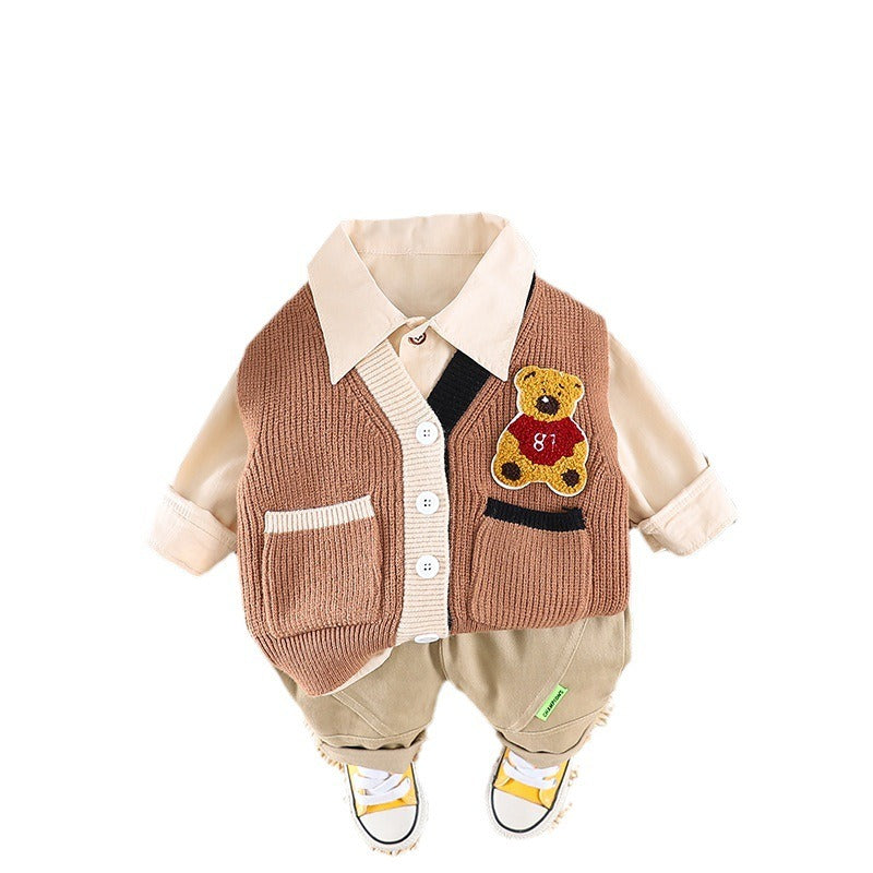 Boys Woolen Bear Vest Long Sleeved Three Piece