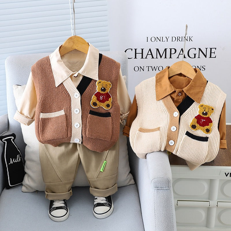 Boys Woolen Bear Vest Long Sleeved Three Piece